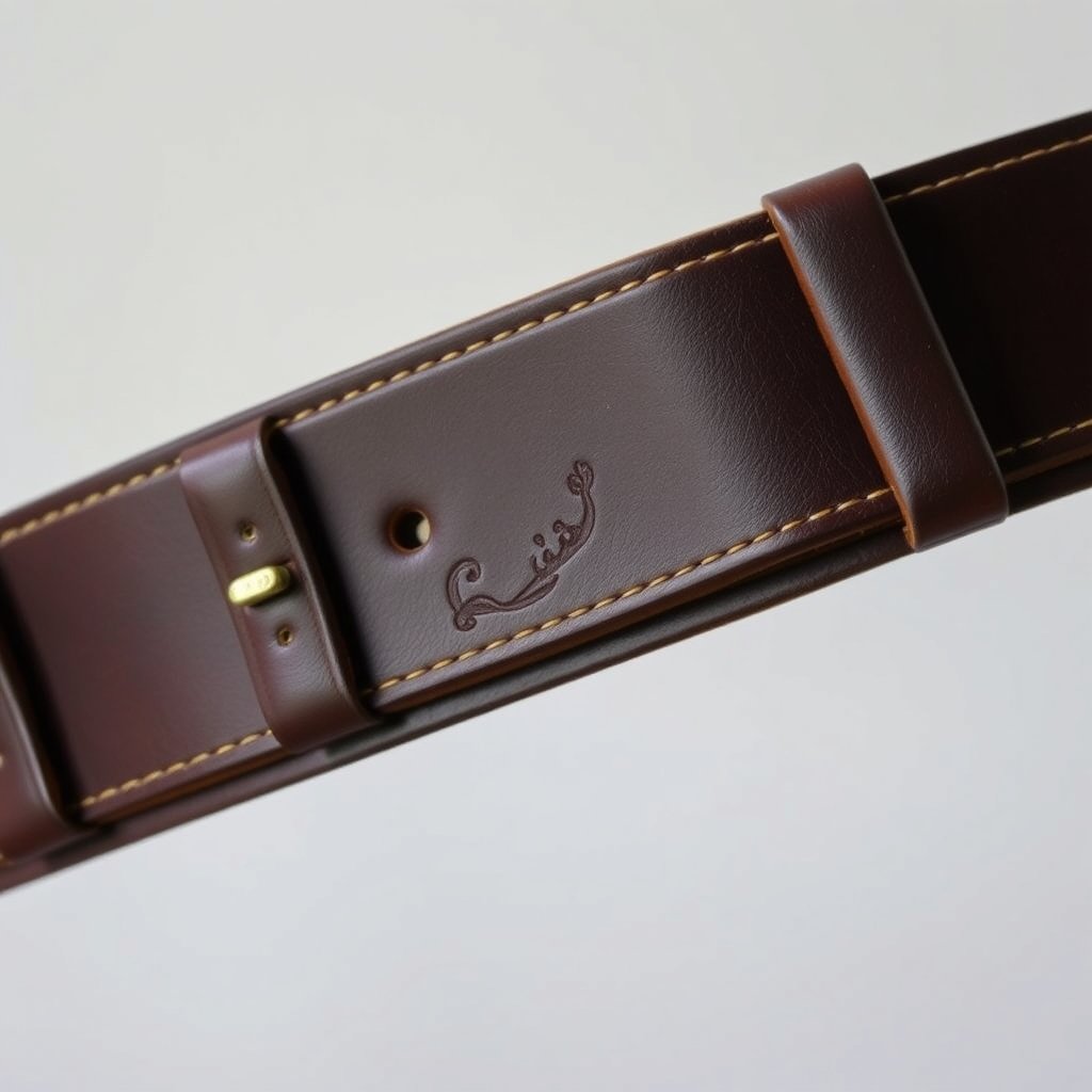 A picture of a leather weightlifting belt with close-ups on leather, hardware, and stitching