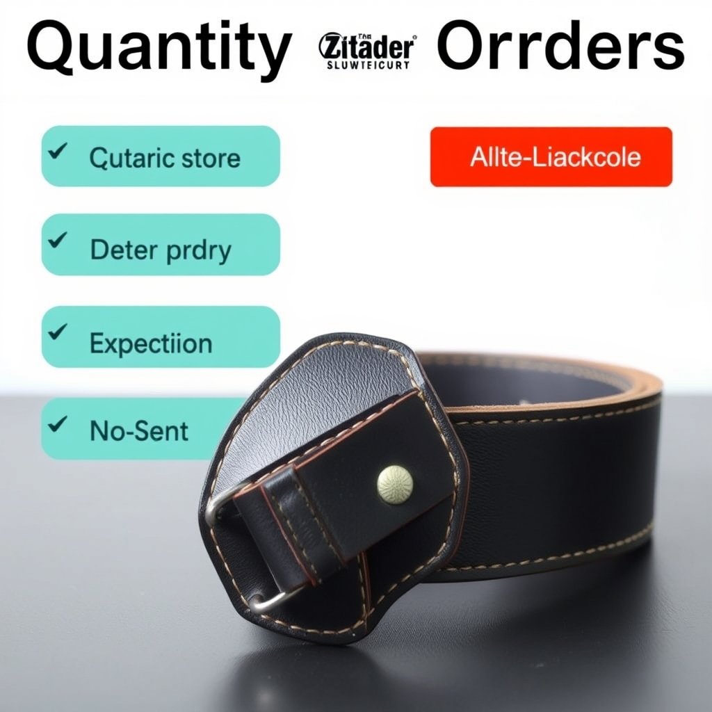 A picture of a leather weightlifting belt with a representation of quantity orders and OEM services